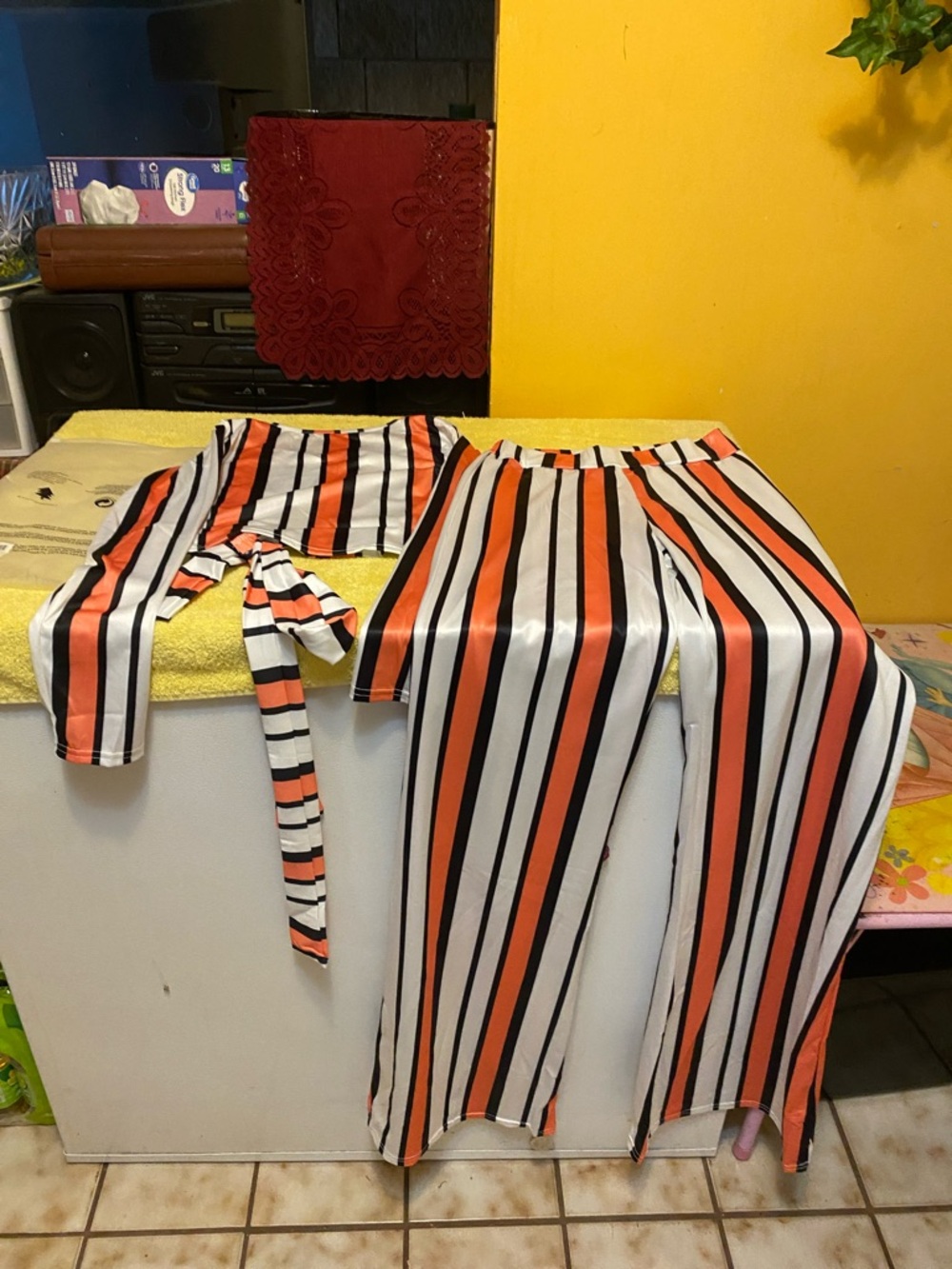 Women’s Striped Two-Piece Set – Orange, Black & White